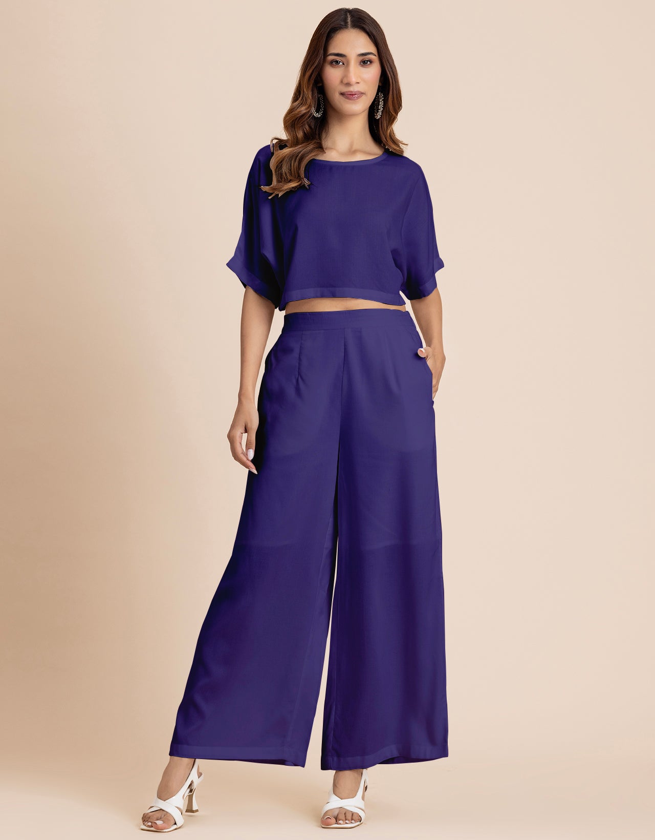 Round-Neck 2 Pcs Co-Ord Set Crop Top With Flared Palazzo Pants
