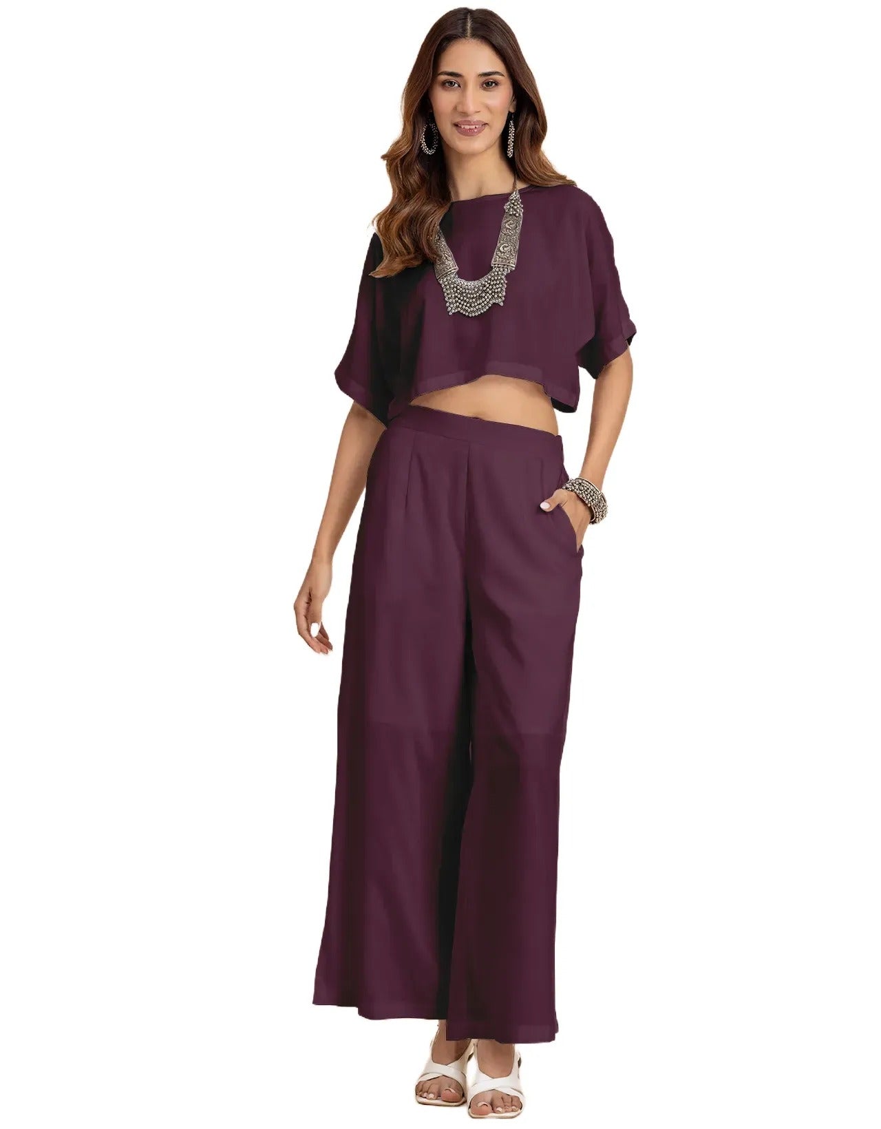 Round-Neck 2 Pcs Co-Ord Set Crop Top With Flared Palazzo Pants