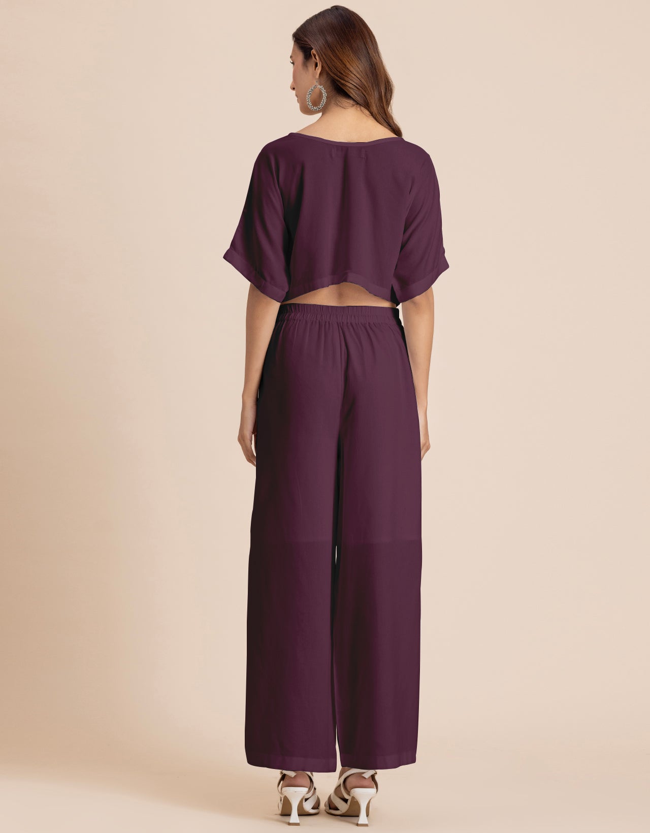 Round-Neck 2 Pcs Co-Ord Set Crop Top With Flared Palazzo Pants