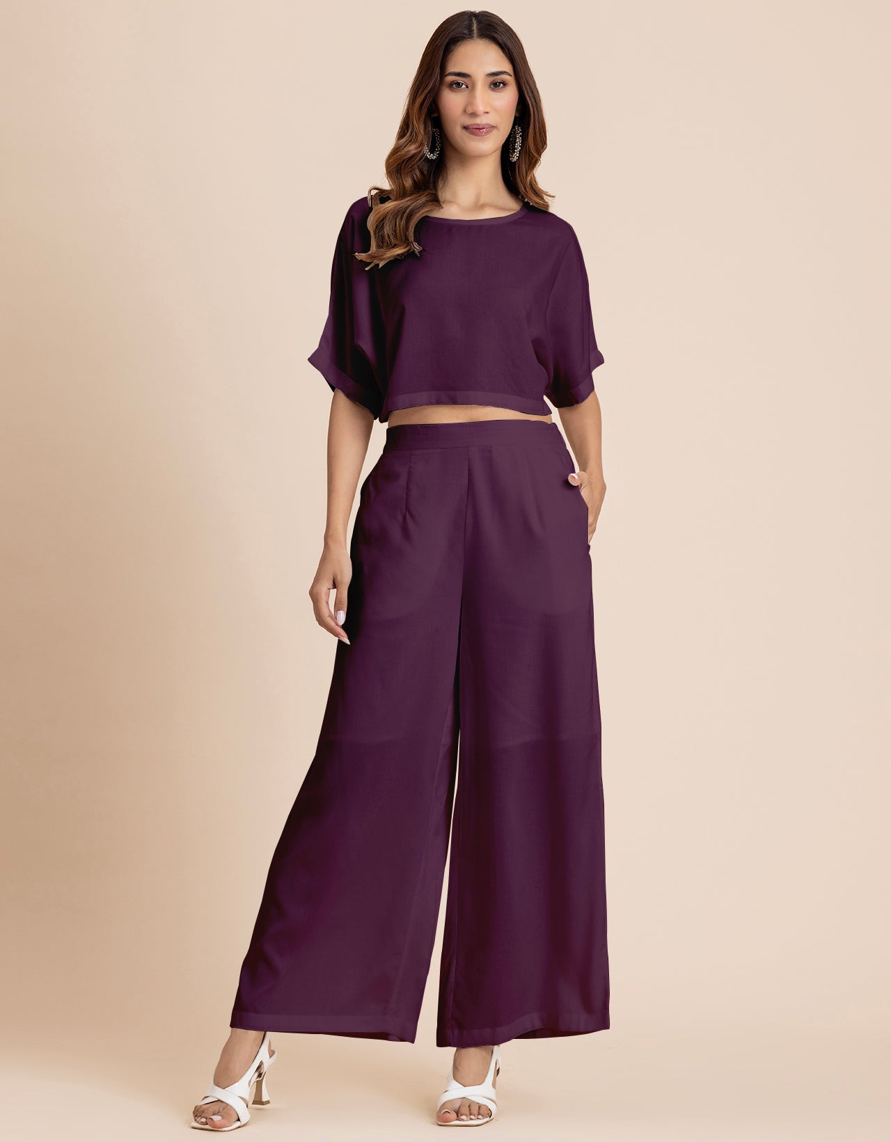 Round-Neck 2 Pcs Co-Ord Set Crop Top With Flared Palazzo Pants