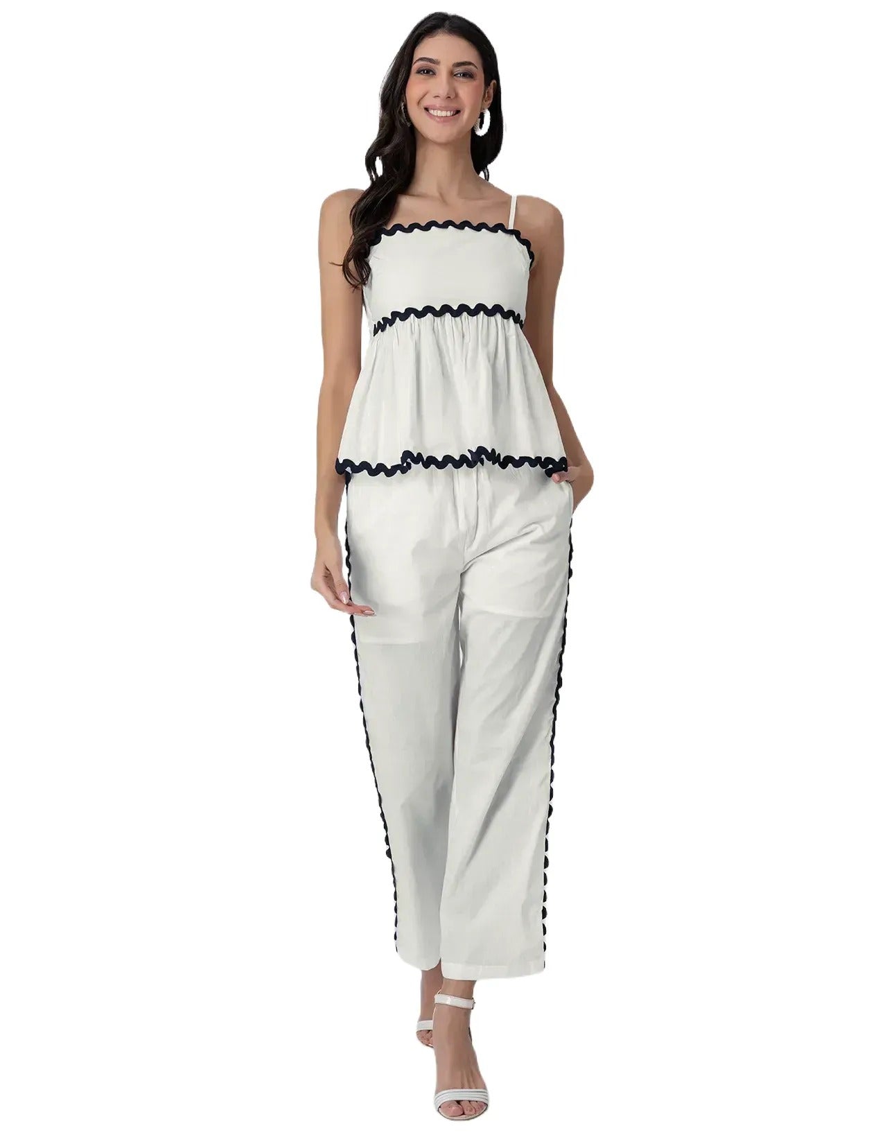 Sleeveless Elegance with Zigzag Lace & Pocketed Co-ord Set