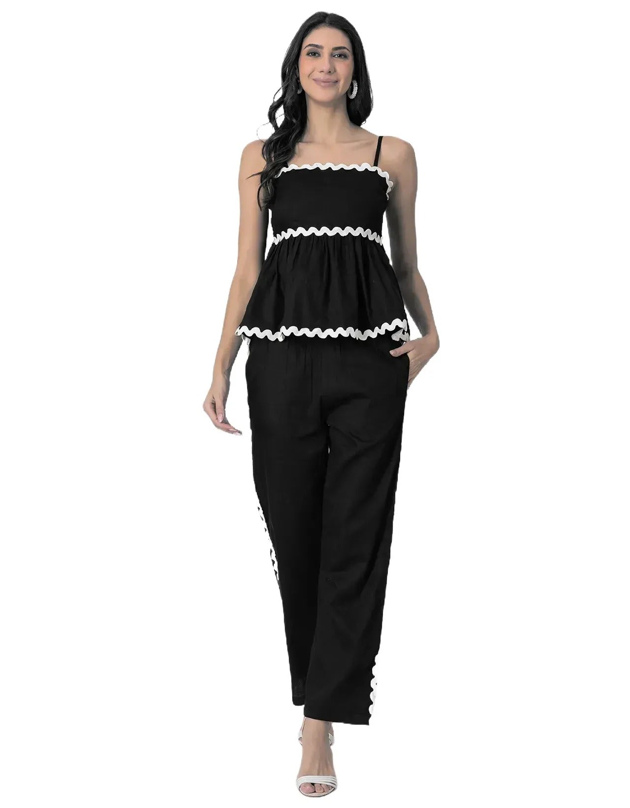 Sleeveless Elegance with Zigzag Lace & Pocketed Co-ord Set