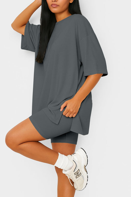 Moomaya Women's Oversized T-Shirt and Biker Shorts Lounge Set - 2 Piece