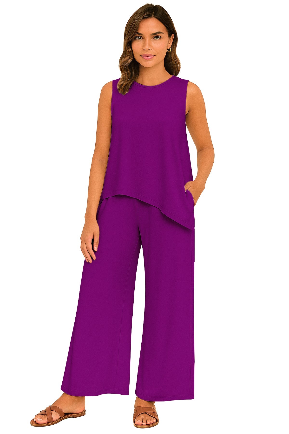 Women's 2 Pcs Tank Top and Wide Leg Summer Pants with Pockets
