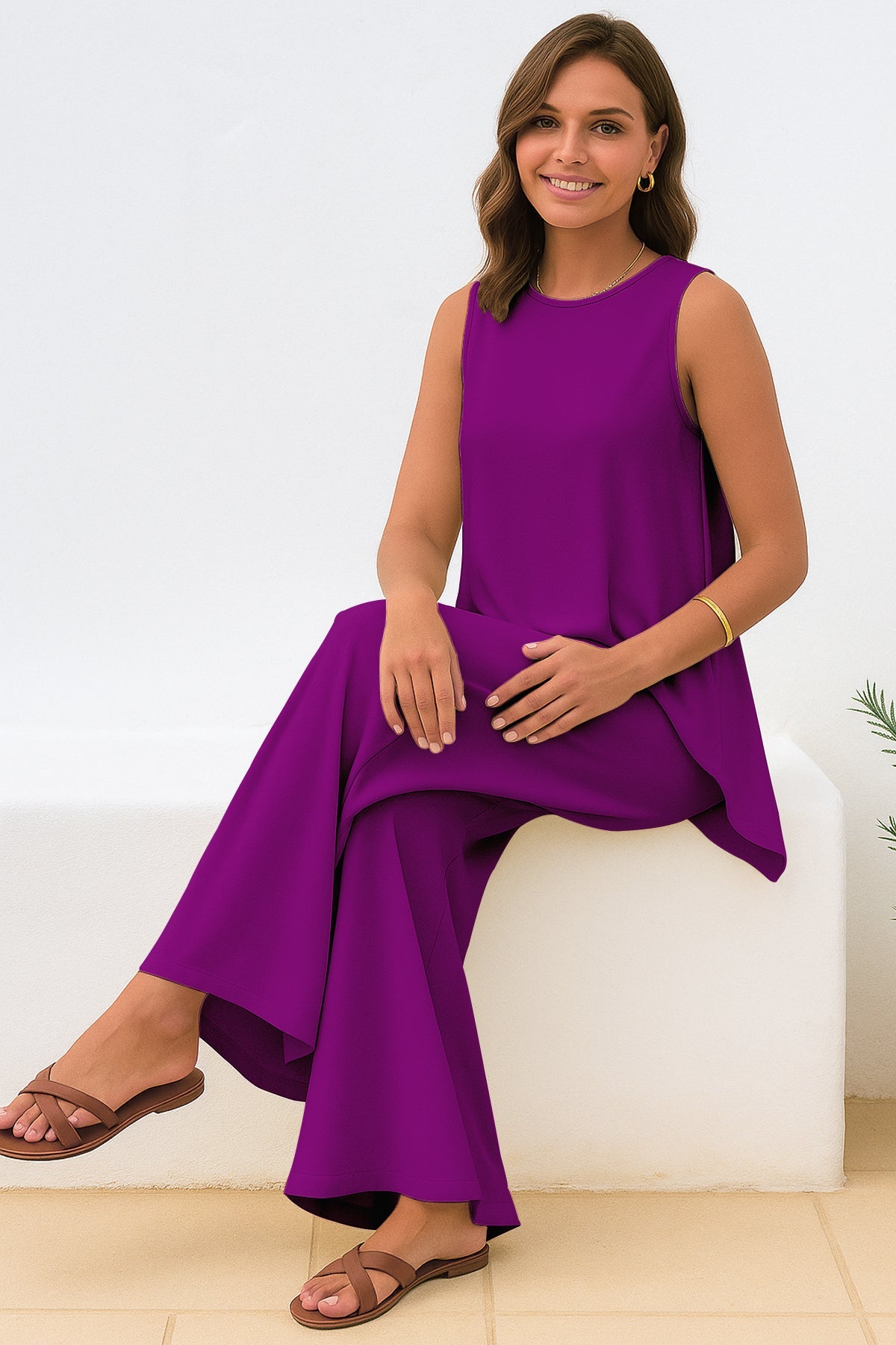 Women's 2 Pcs Tank Top and Wide Leg Summer Pants with Pockets