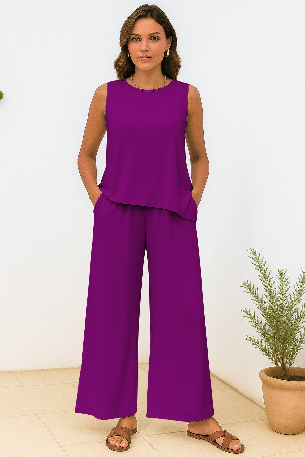 Women's 2 Pcs Tank Top and Wide Leg Summer Pants with Pockets
