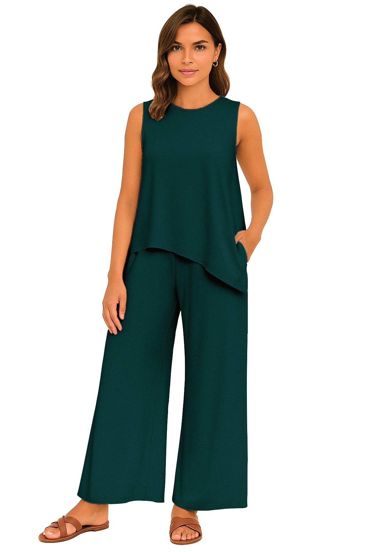 Women's 2 Pcs Tank Top and Wide Leg Summer Pants with Pockets