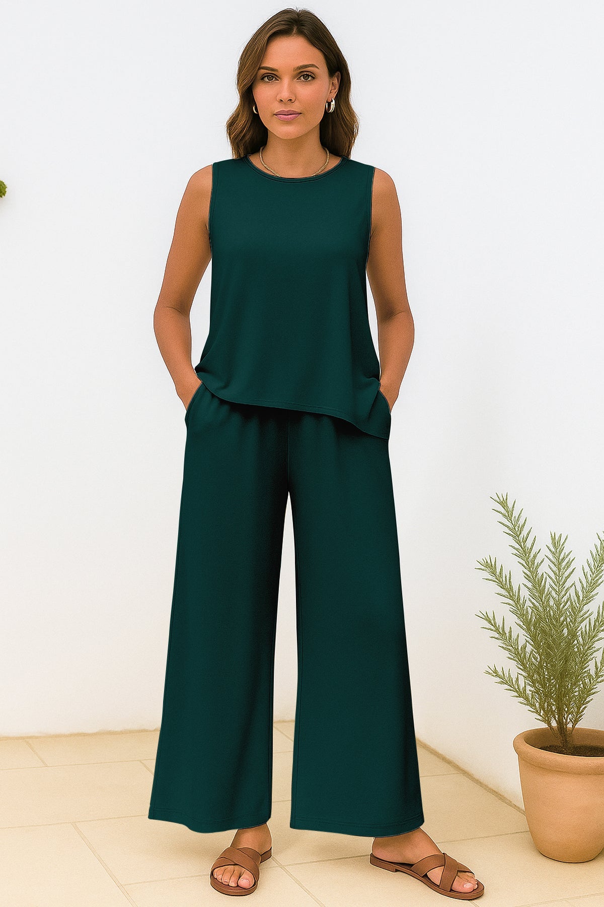 Women's 2 Pcs Tank Top and Wide Leg Summer Pants with Pockets