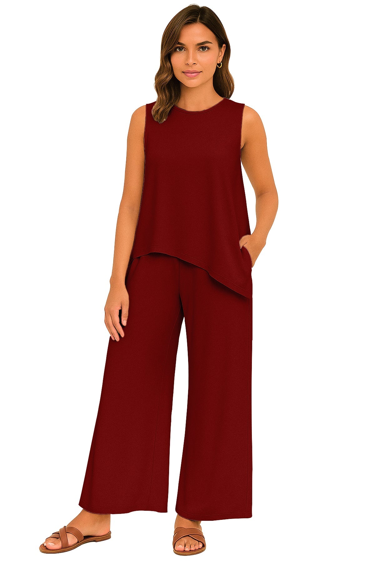Women's 2 Pcs Tank Top and Wide Leg Summer Pants with Pockets