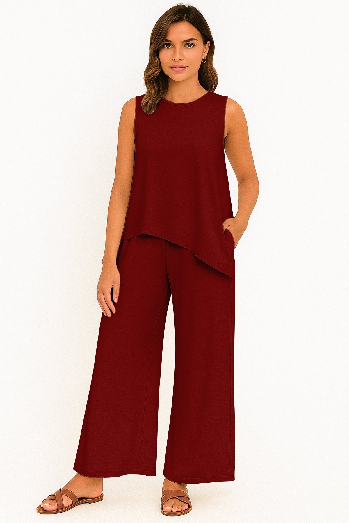 Women's 2 Pcs Tank Top and Wide Leg Summer Pants with Pockets