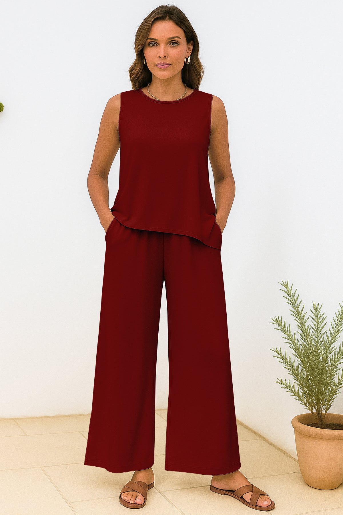 Women's 2 Pcs Tank Top and Wide Leg Summer Pants with Pockets
