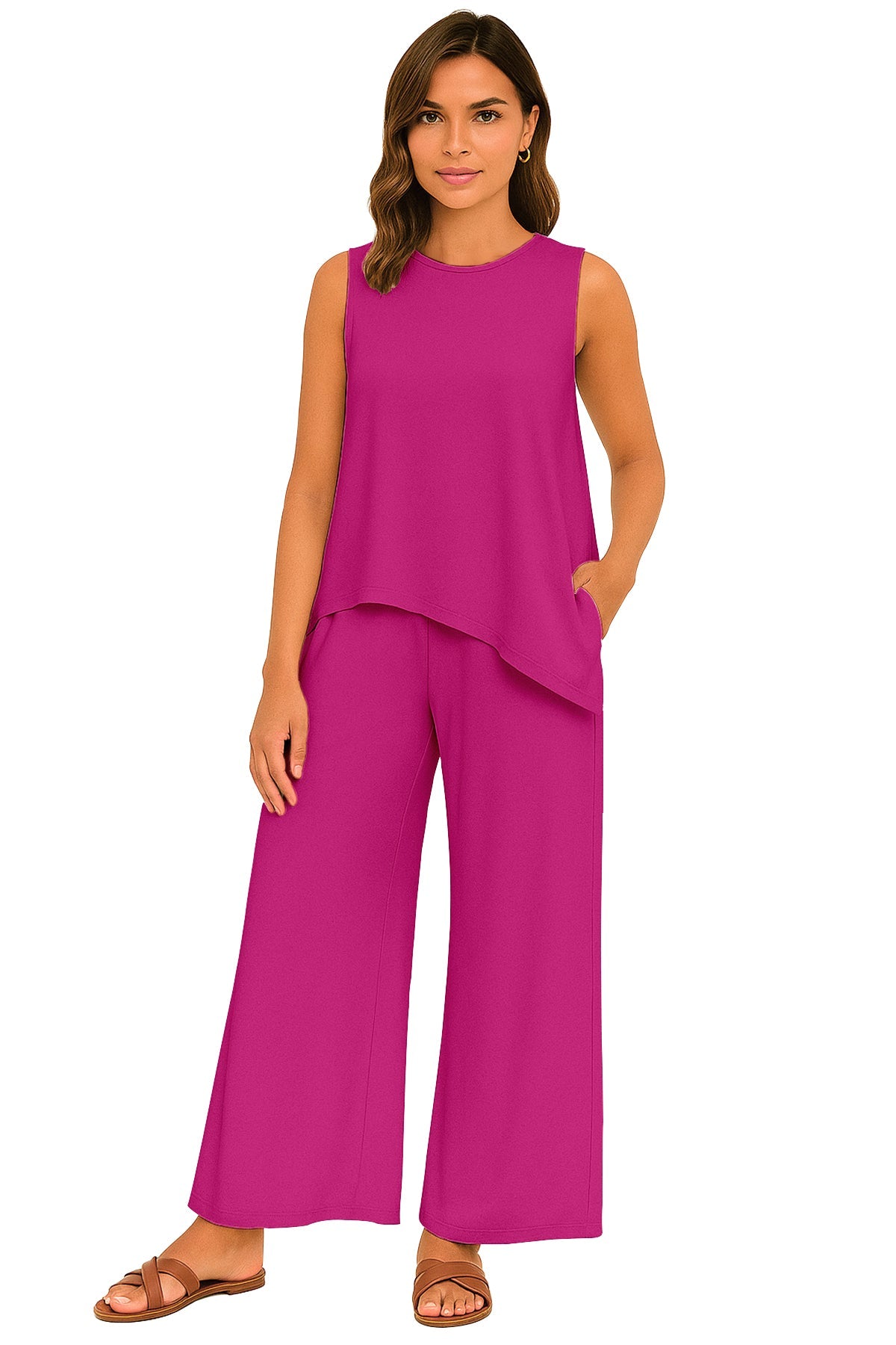 Women's 2 Pcs Tank Top and Wide Leg Summer Pants with Pockets