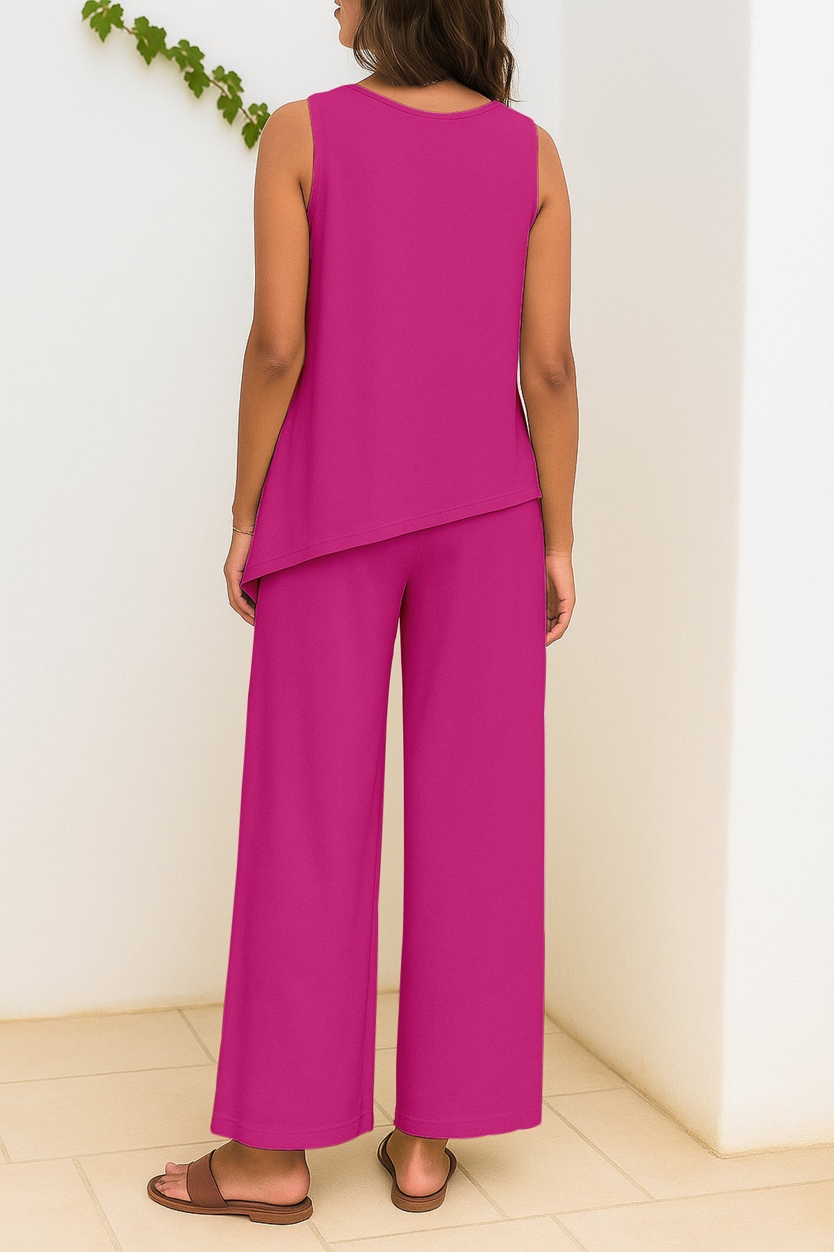 Women's 2 Pcs Tank Top and Wide Leg Summer Pants with Pockets