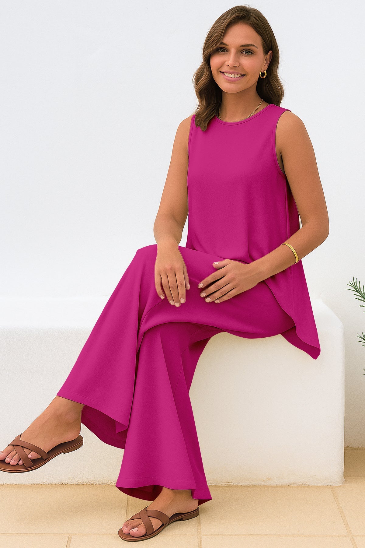 Women's 2 Pcs Tank Top and Wide Leg Summer Pants with Pockets