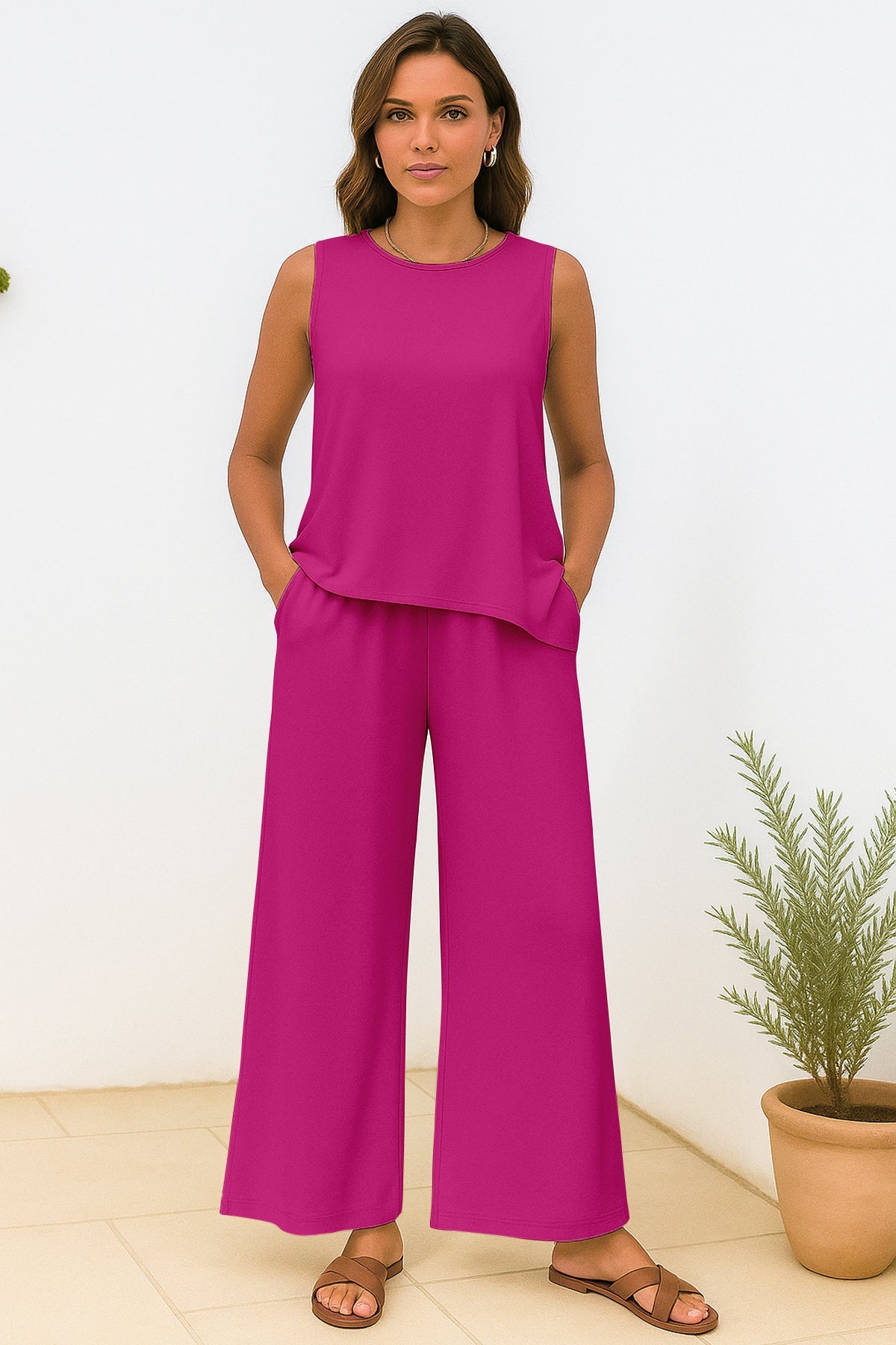 Women's 2 Pcs Tank Top and Wide Leg Summer Pants with Pockets