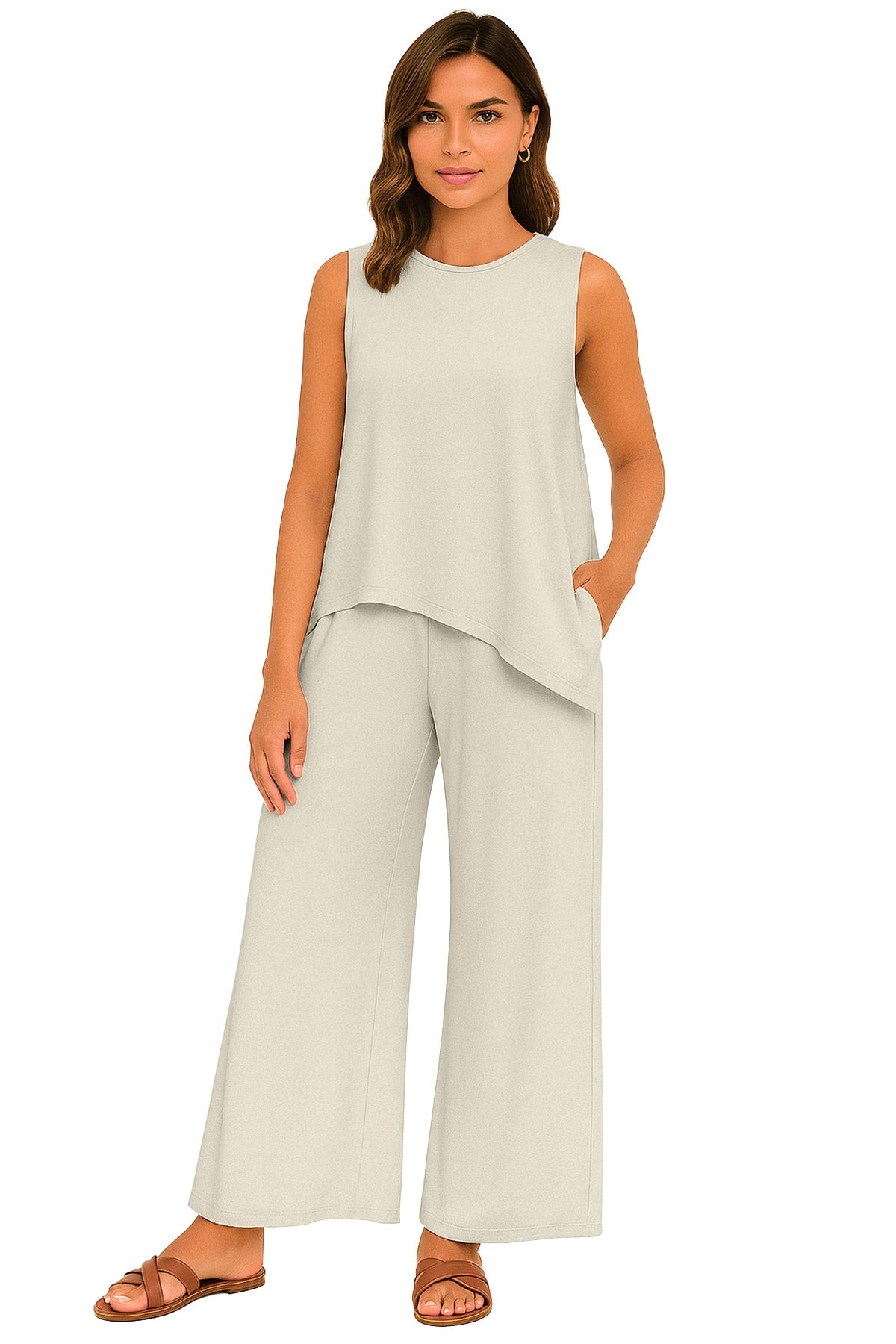 Women's 2 Pcs Tank Top and Wide Leg Summer Pants with Pockets