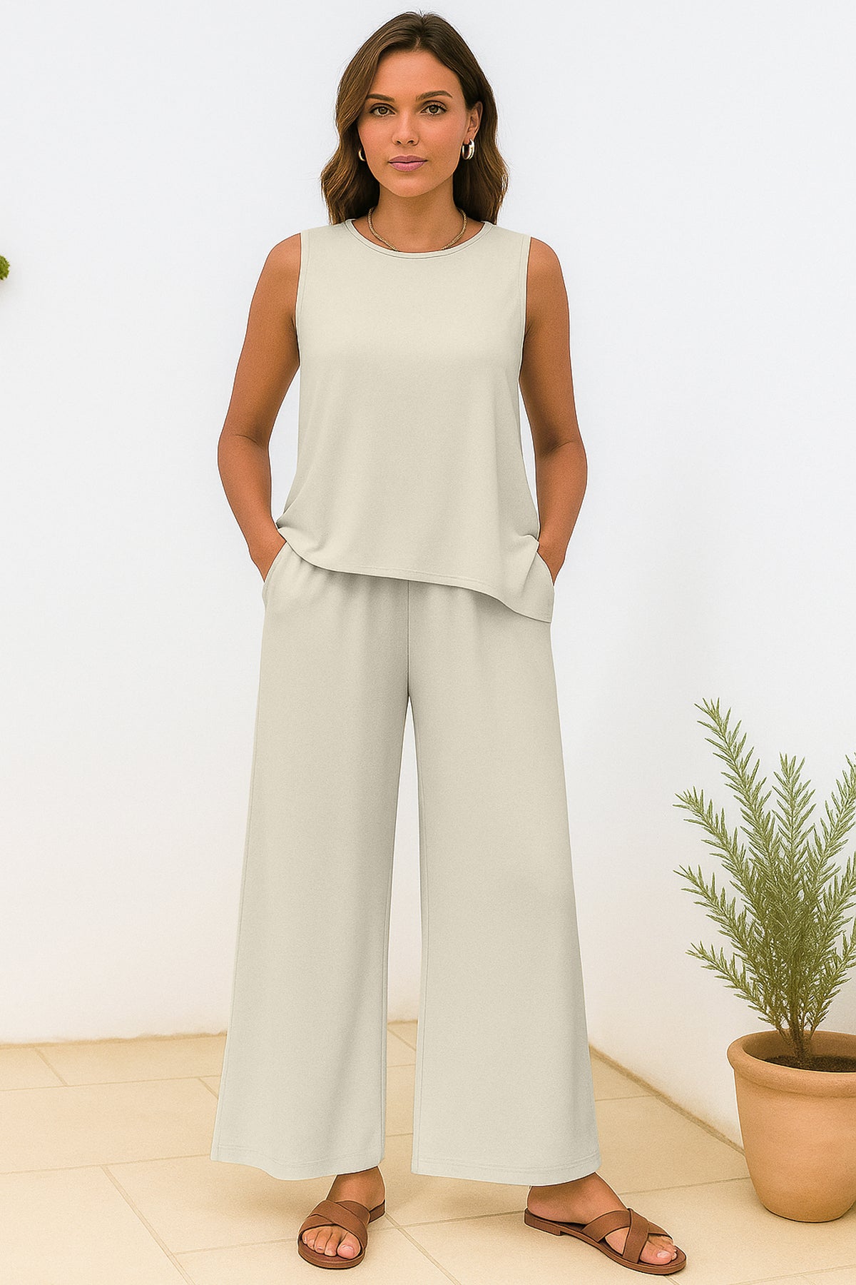 Women's 2 Pcs Tank Top and Wide Leg Summer Pants with Pockets