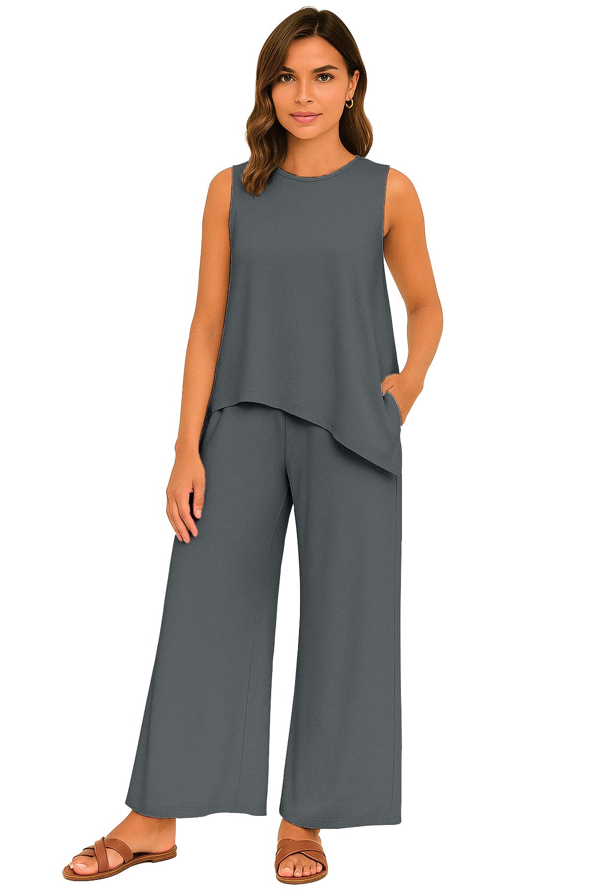Women's 2 Pcs Tank Top and Wide Leg Summer Pants with Pockets