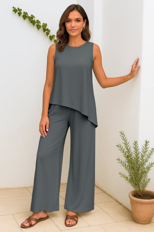 Women's 2 Pcs Tank Top and Wide Leg Summer Pants with Pockets