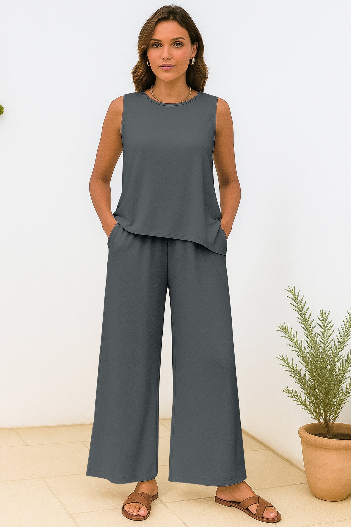 Women's 2 Pcs Tank Top and Wide Leg Summer Pants with Pockets