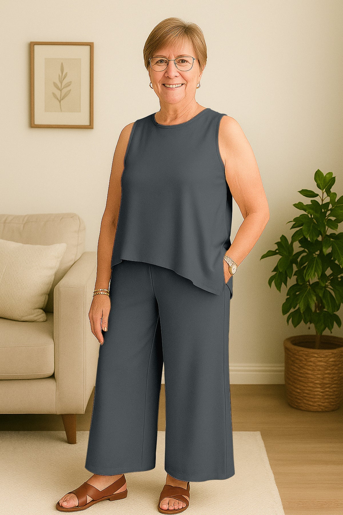 Women's 2 Pcs Tank Top and Wide Leg Summer Pants with Pockets