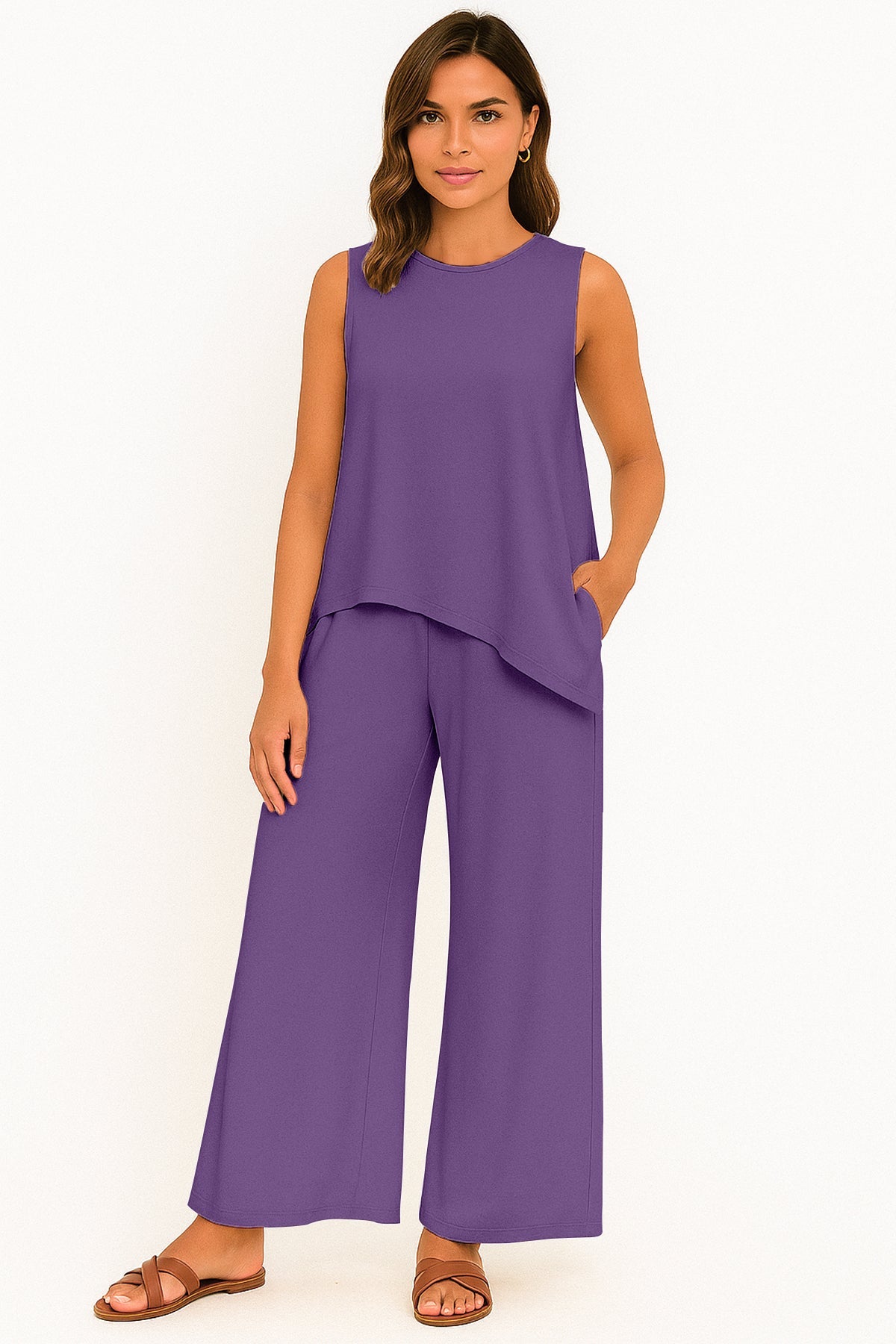 Women's 2 Pcs Tank Top and Wide Leg Summer Pants with Pockets