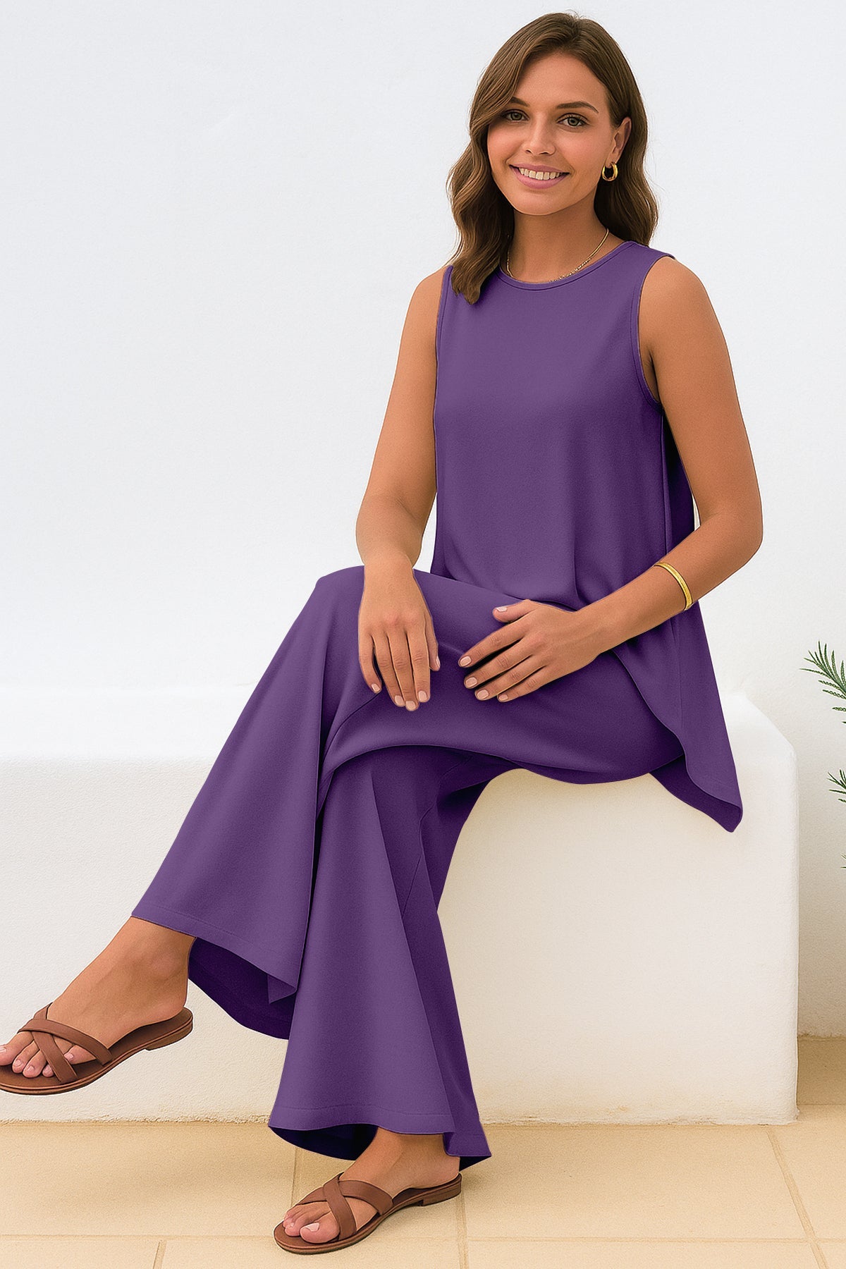 Women's 2 Pcs Tank Top and Wide Leg Summer Pants with Pockets
