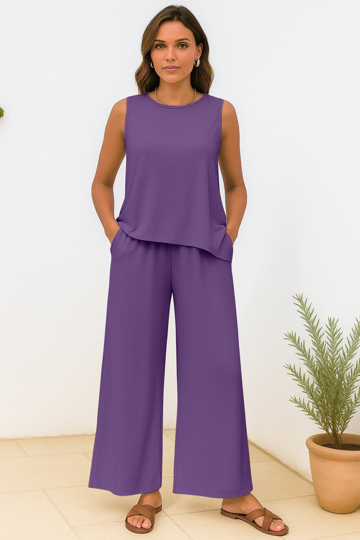 Women's 2 Pcs Tank Top and Wide Leg Summer Pants with Pockets