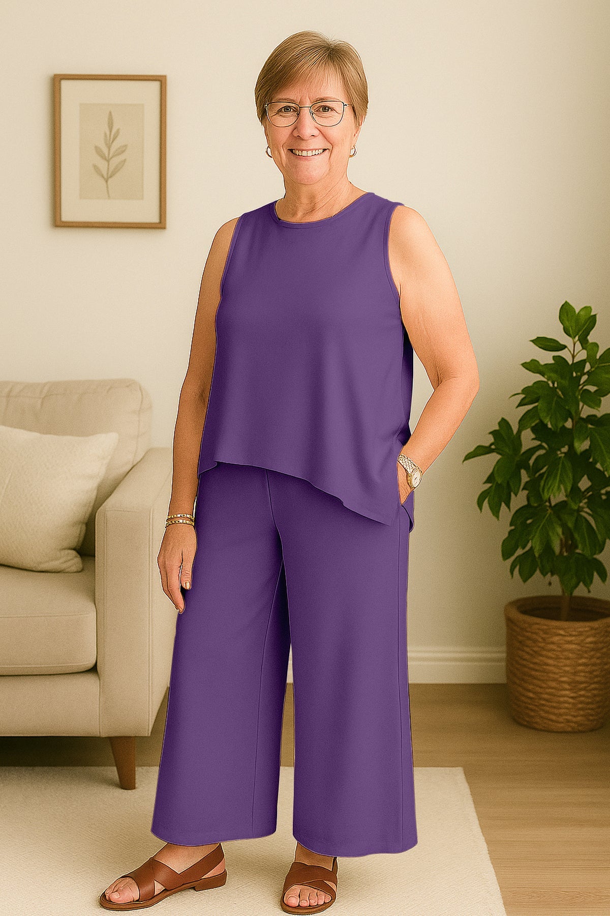 Women's 2 Pcs Tank Top and Wide Leg Summer Pants with Pockets