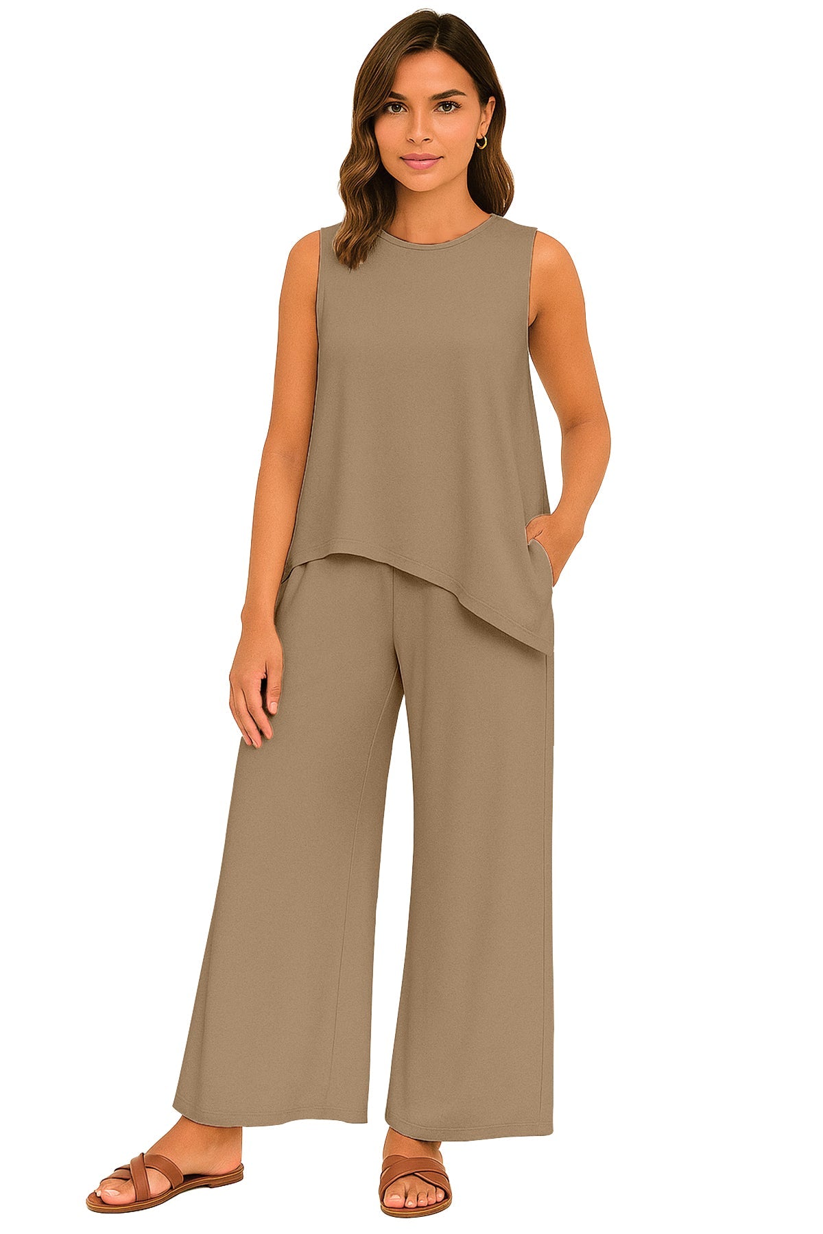Women's 2 Pcs Tank Top and Wide Leg Summer Pants with Pockets