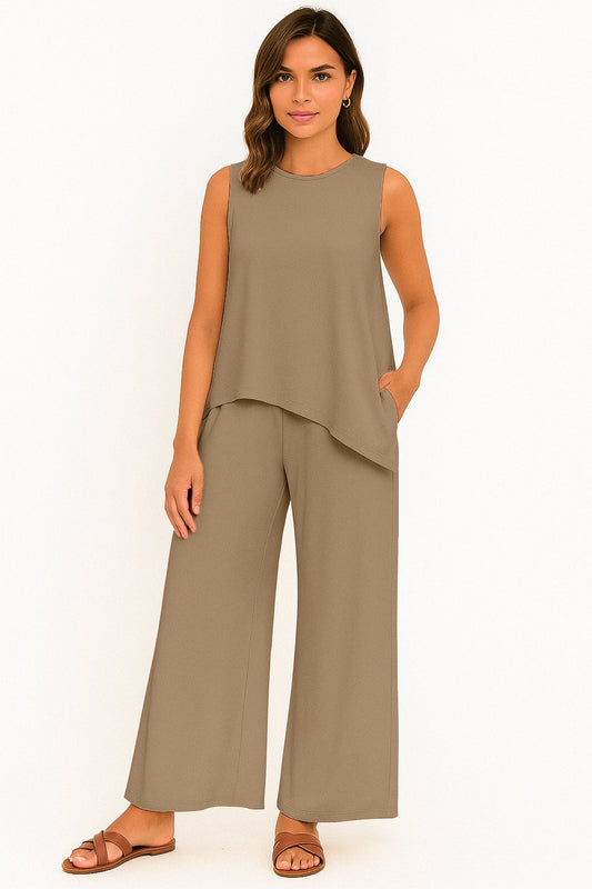 Women's 2 Pcs Tank Top and Wide Leg Summer Pants with Pockets