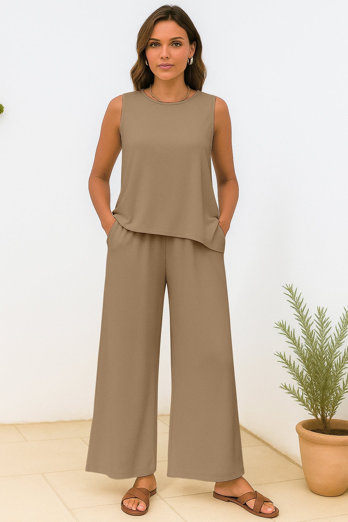 Women's 2 Pcs Tank Top and Wide Leg Summer Pants with Pockets