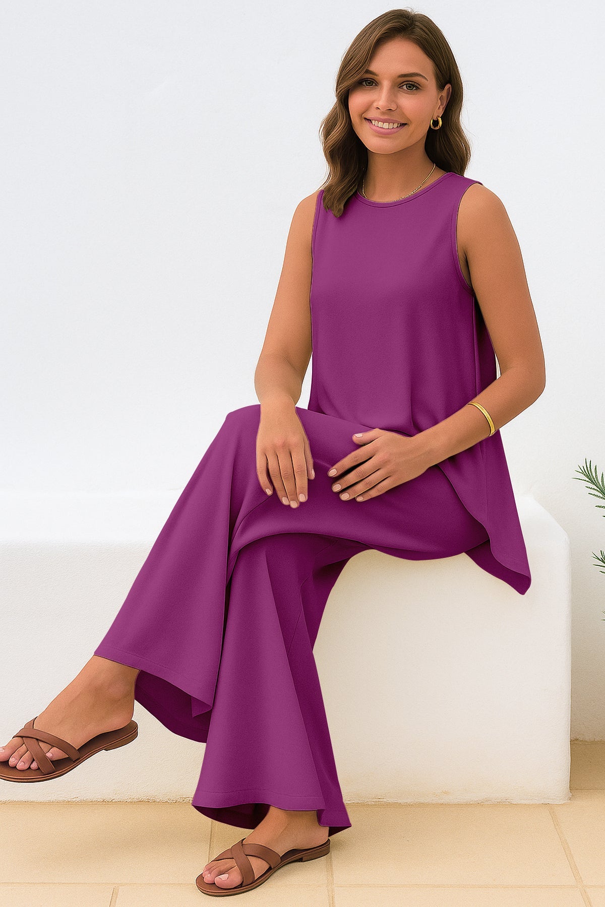 Women's 2 Pcs Tank Top and Wide Leg Summer Pants with Pockets