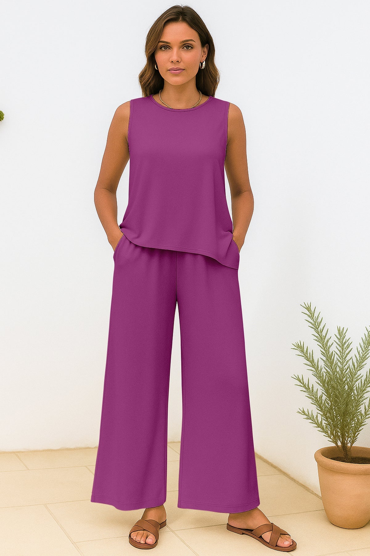 Women's 2 Pcs Tank Top and Wide Leg Summer Pants with Pockets