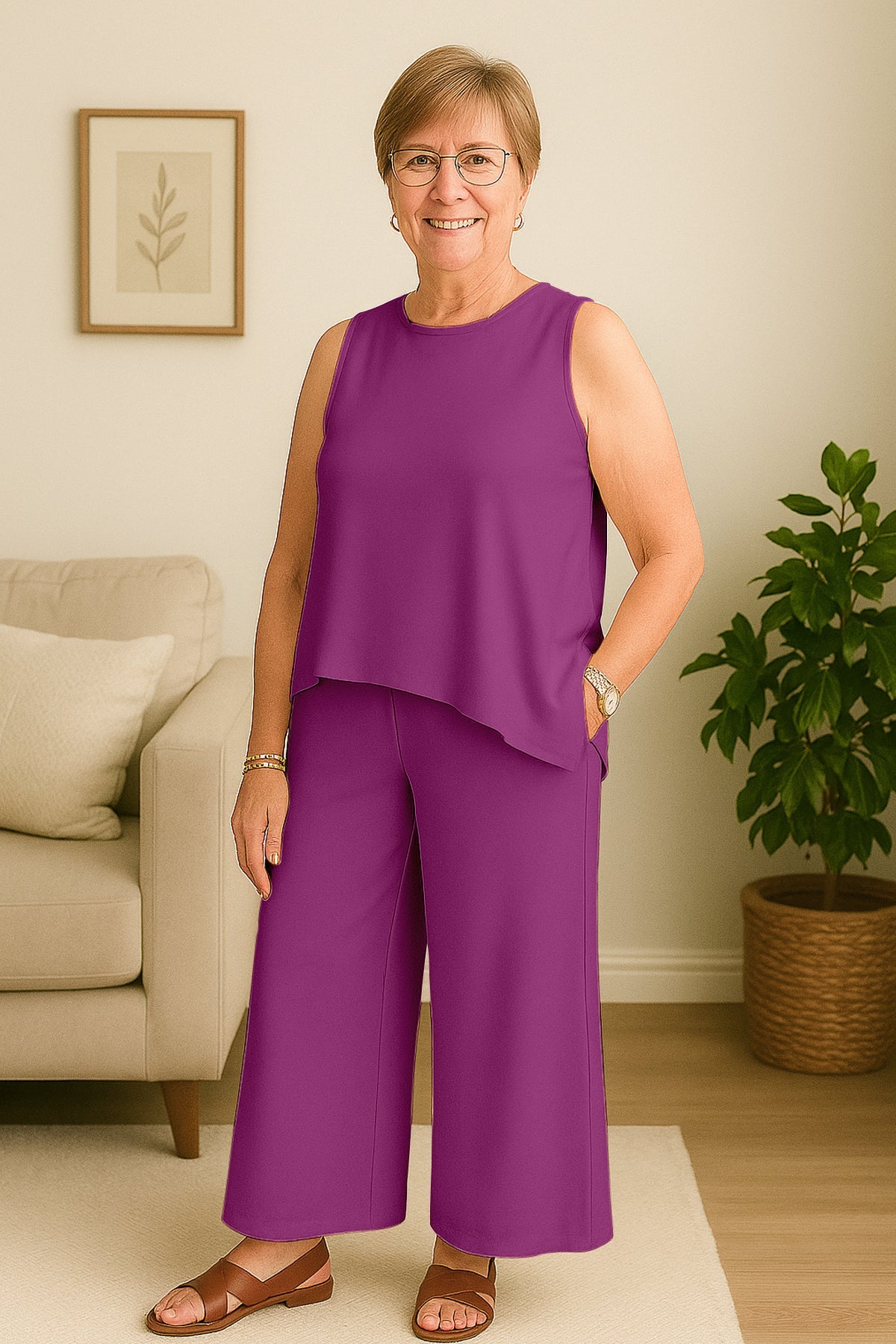 Women's 2 Pcs Tank Top and Wide Leg Summer Pants with Pockets