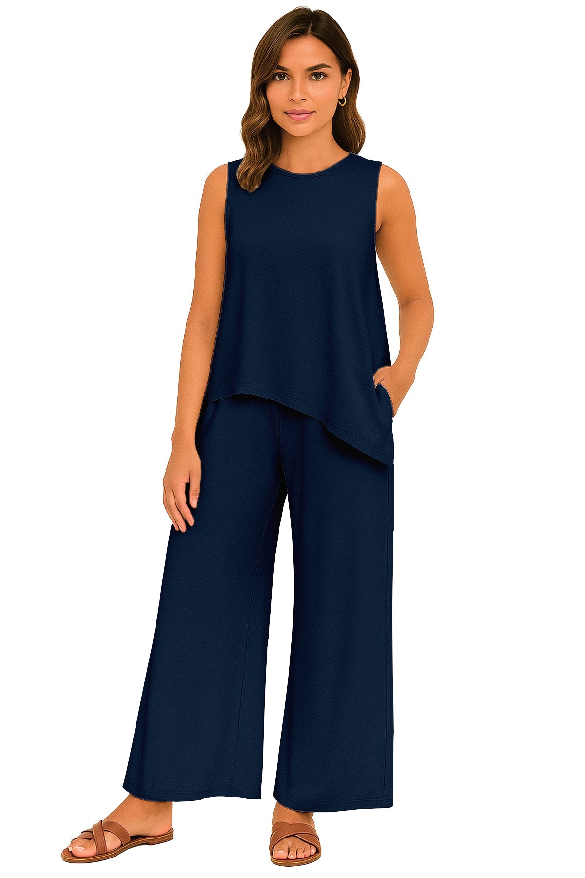 Women's 2 Pcs Tank Top and Wide Leg Summer Pants with Pockets