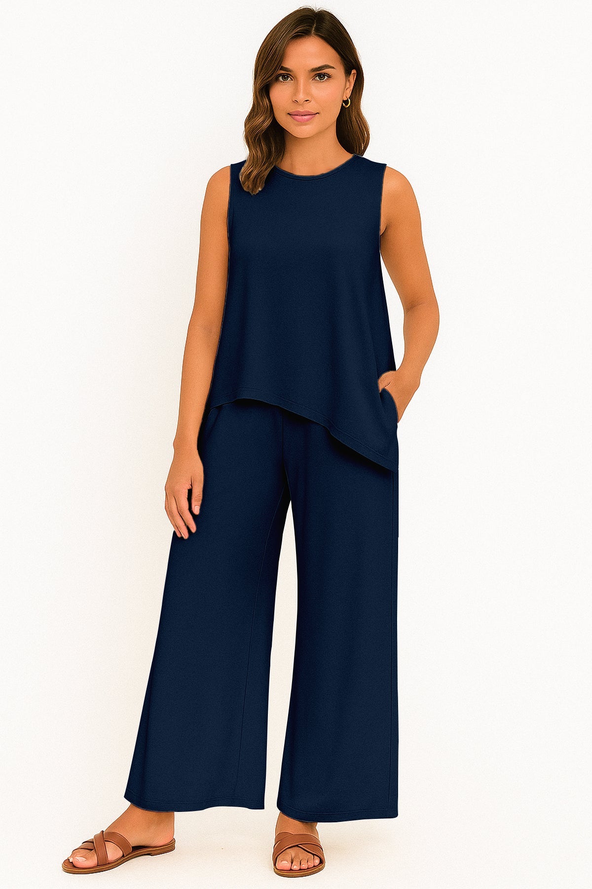 Women's 2 Pcs Tank Top and Wide Leg Summer Pants with Pockets