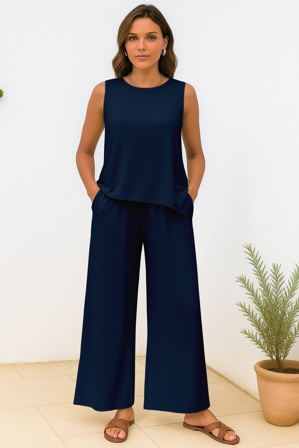 Women's 2 Pcs Tank Top and Wide Leg Summer Pants with Pockets