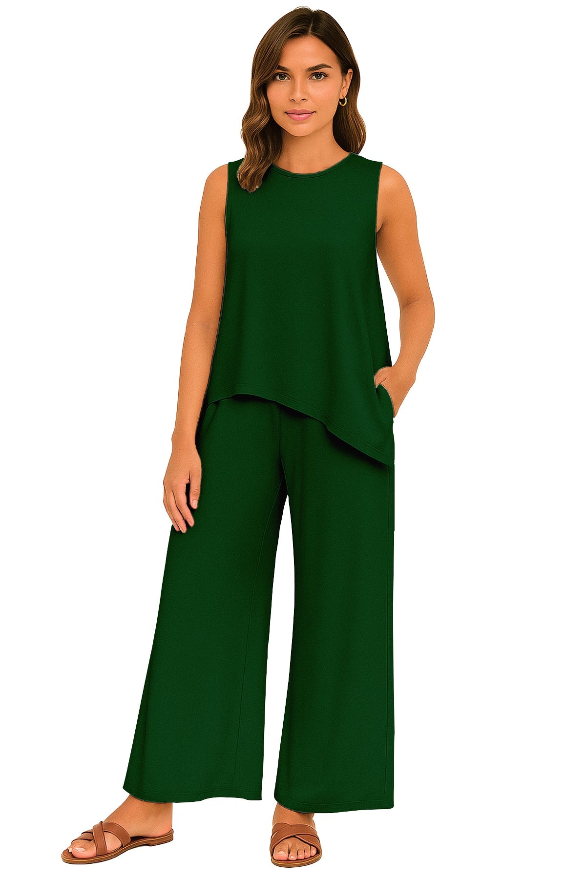 Women's 2 Pcs Tank Top and Wide Leg Summer Pants with Pockets