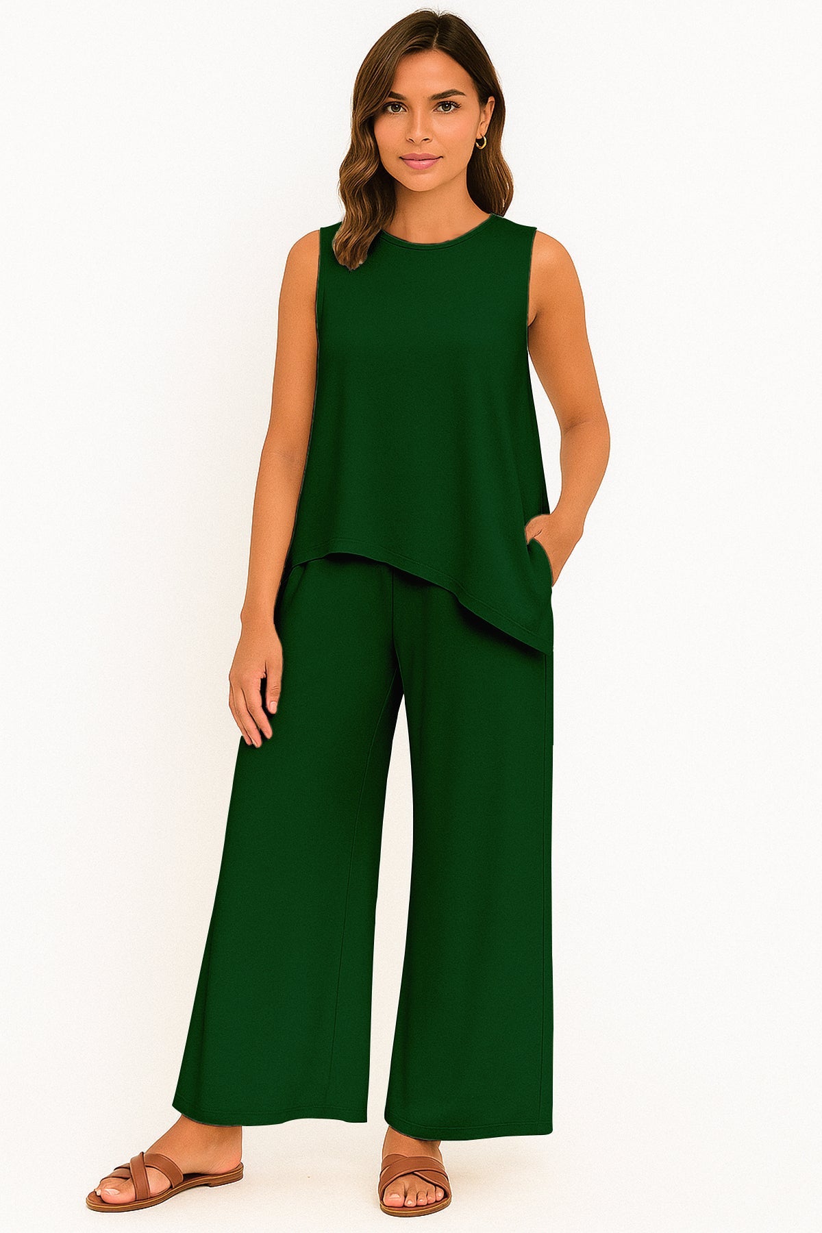 Women's 2 Pcs Tank Top and Wide Leg Summer Pants with Pockets