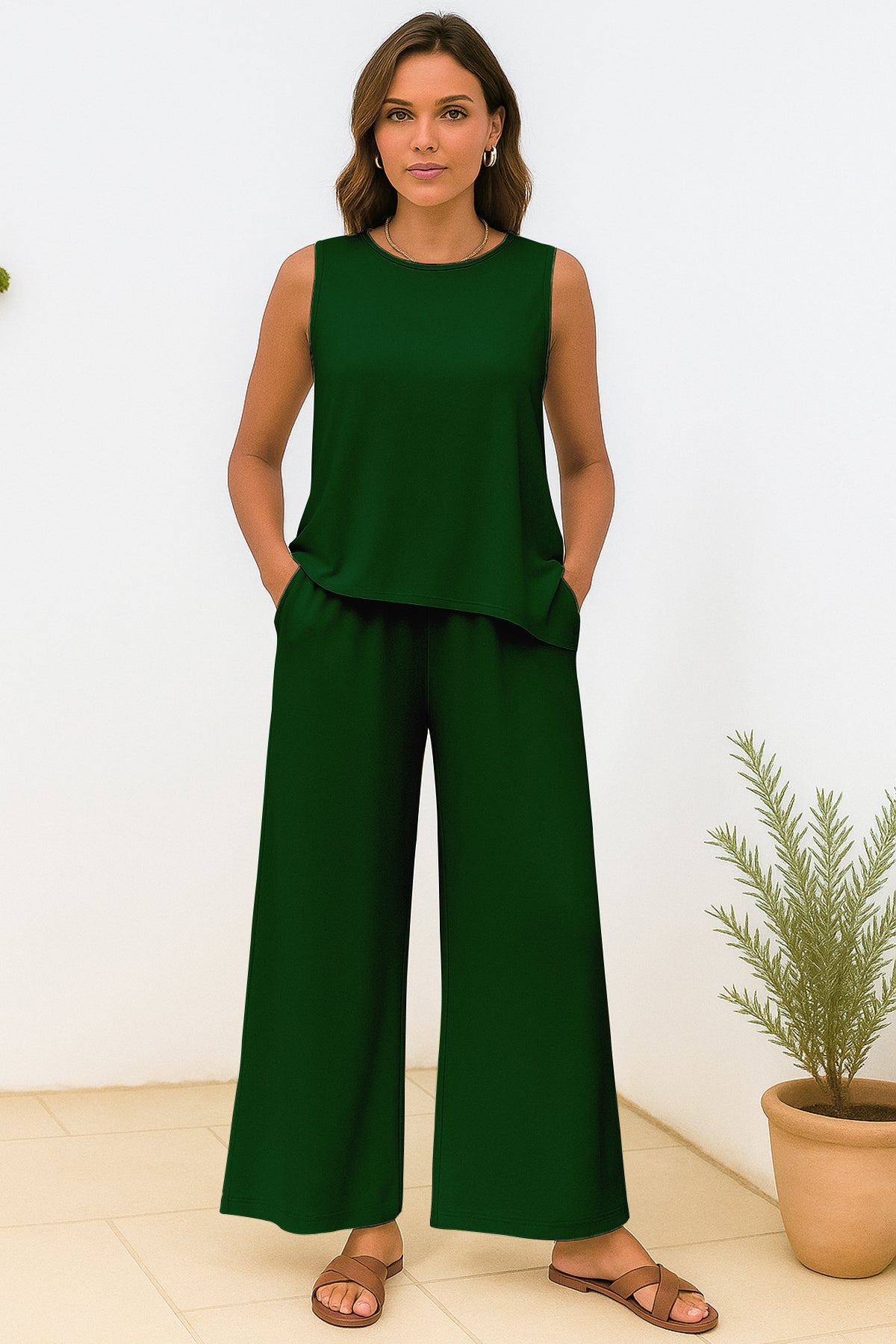 Women's 2 Pcs Tank Top and Wide Leg Summer Pants with Pockets