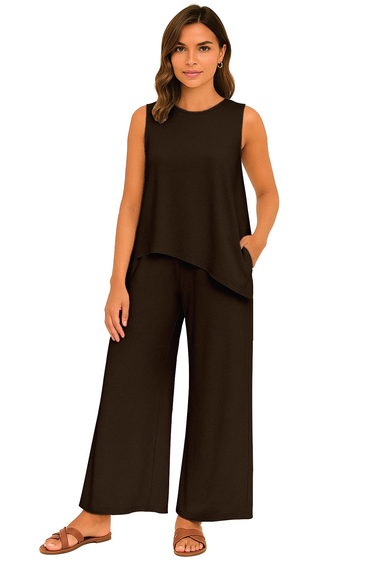 Women's 2 Pcs Tank Top and Wide Leg Summer Pants with Pockets