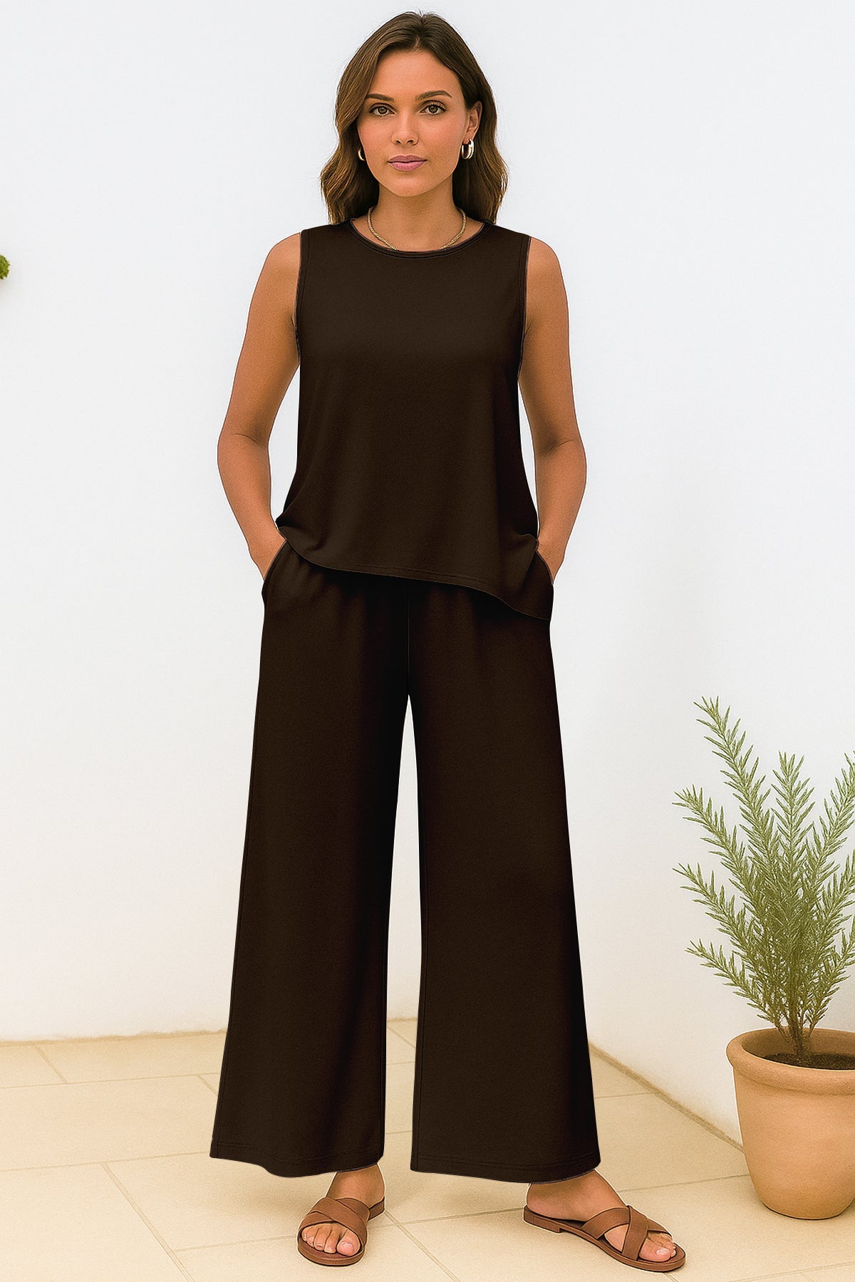 Women's 2 Pcs Tank Top and Wide Leg Summer Pants with Pockets