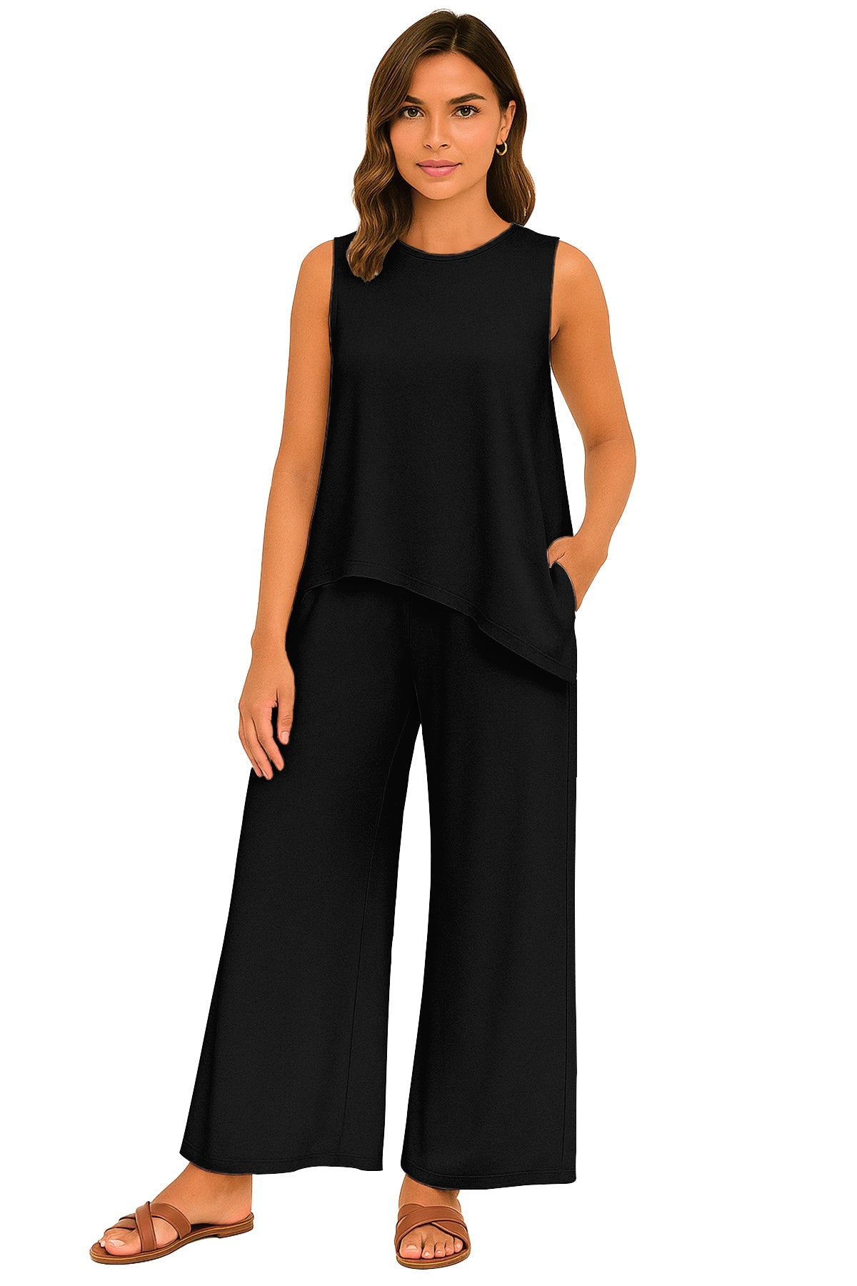 Women's 2 Pcs Tank Top and Wide Leg Summer Pants with Pockets