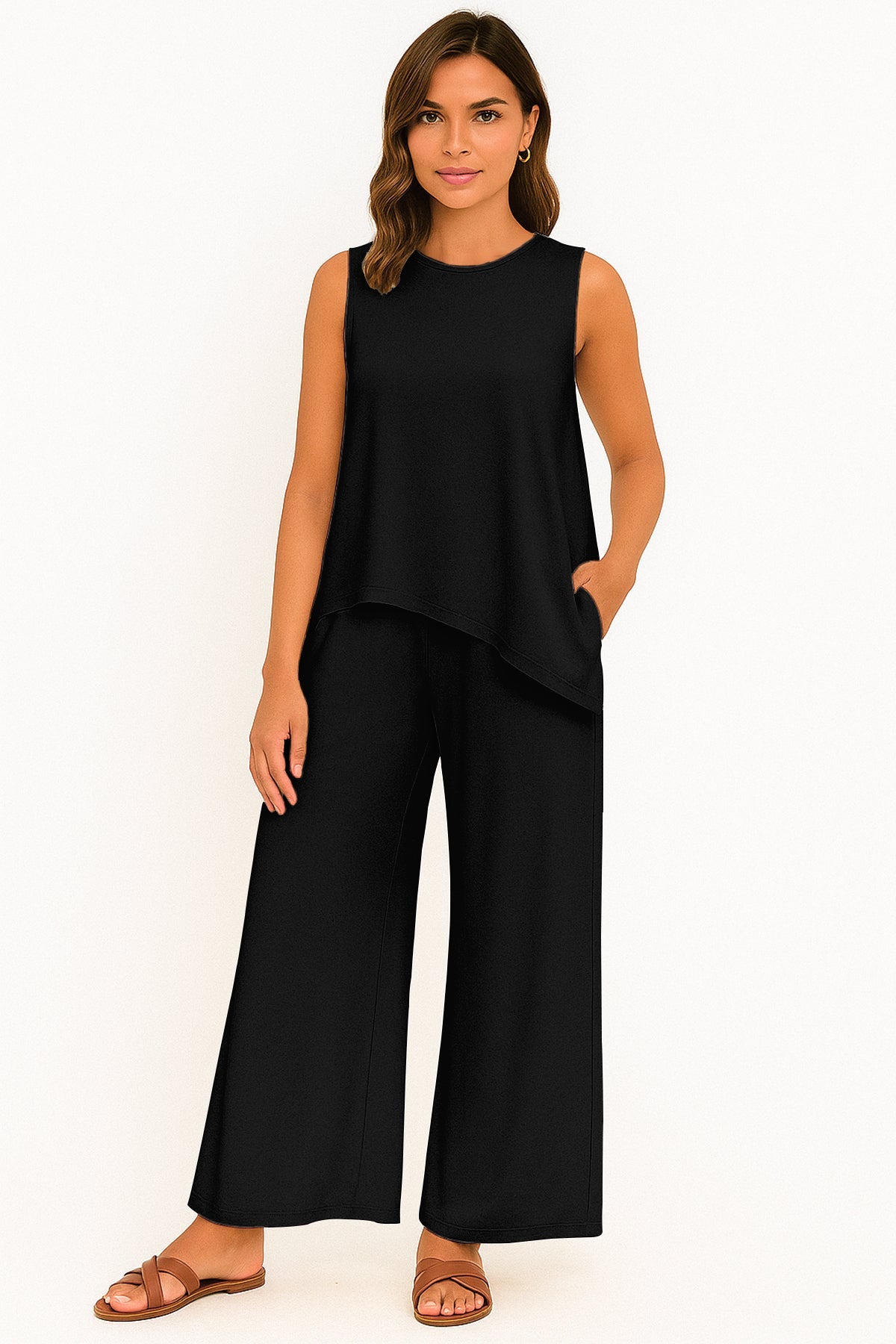 Women's 2 Pcs Tank Top and Wide Leg Summer Pants with Pockets