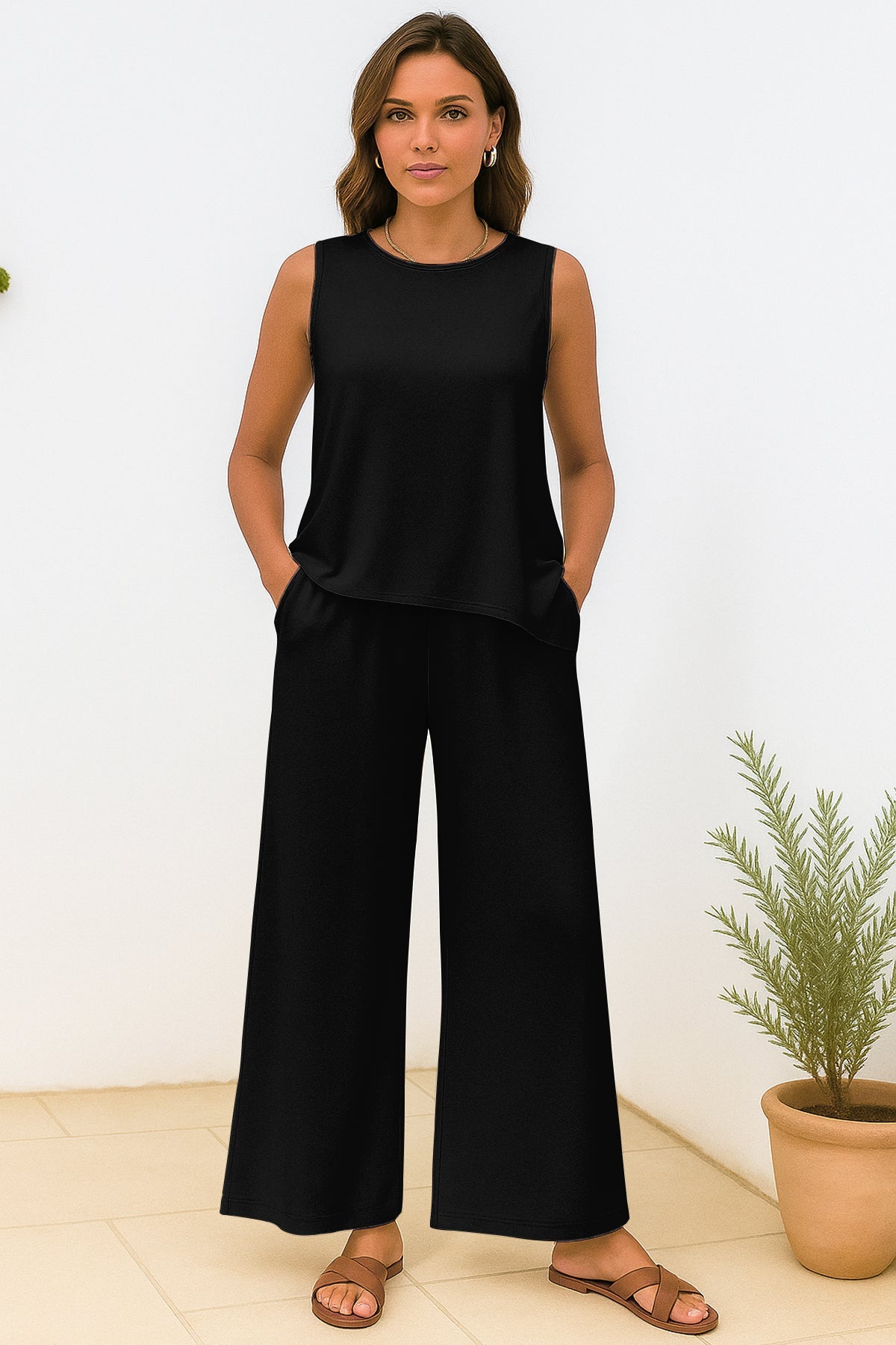 Women's 2 Pcs Tank Top and Wide Leg Summer Pants with Pockets