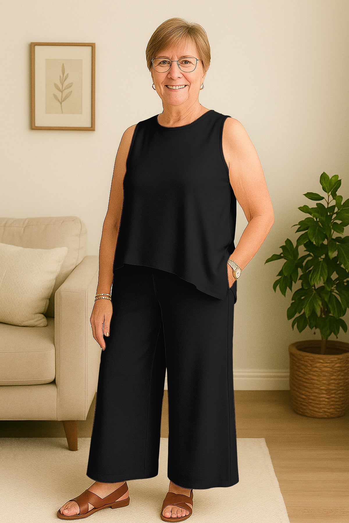 Women's 2 Pcs Tank Top and Wide Leg Summer Pants with Pockets