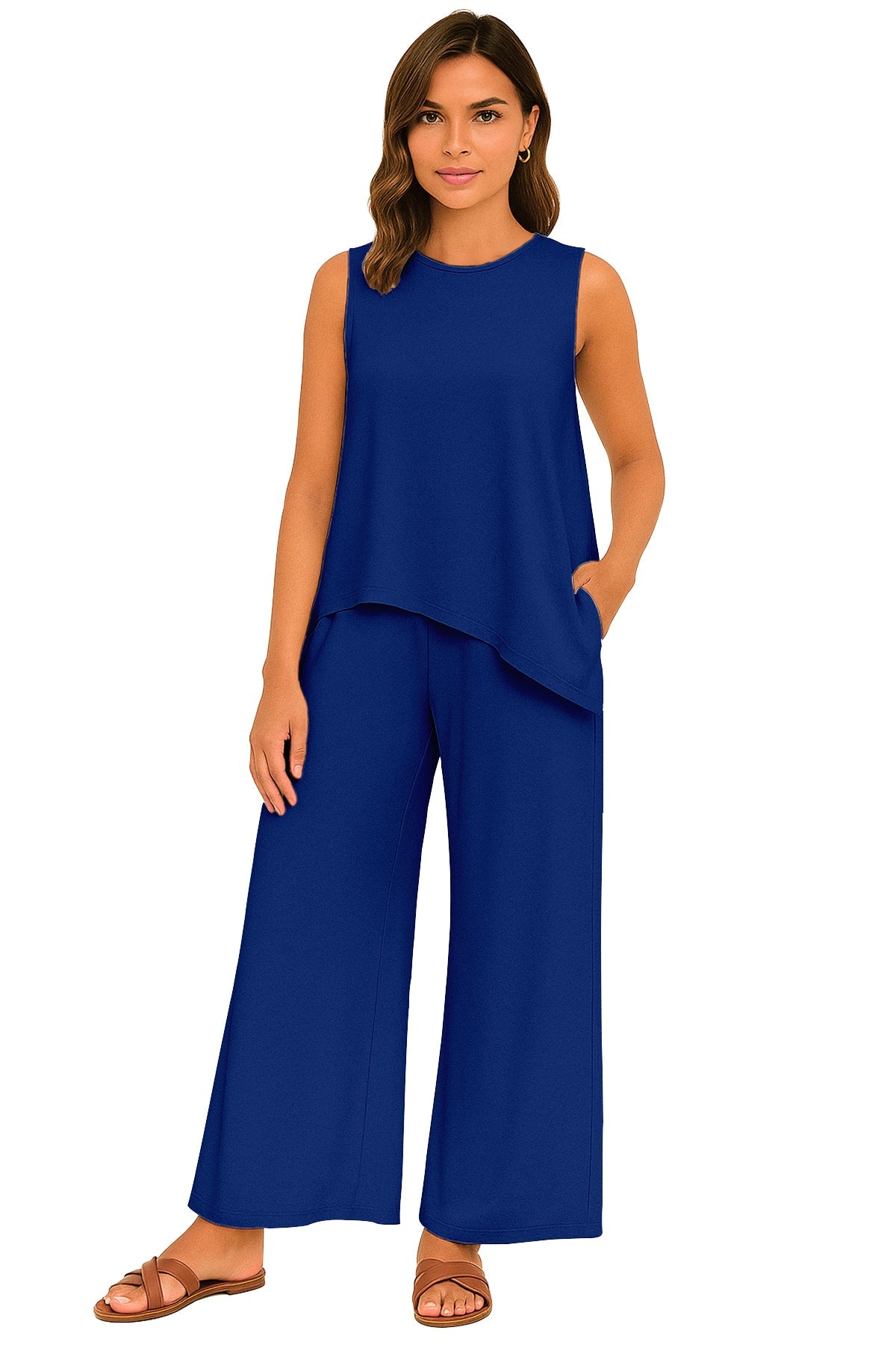 Women's 2 Pcs Tank Top and Wide Leg Summer Pants with Pockets