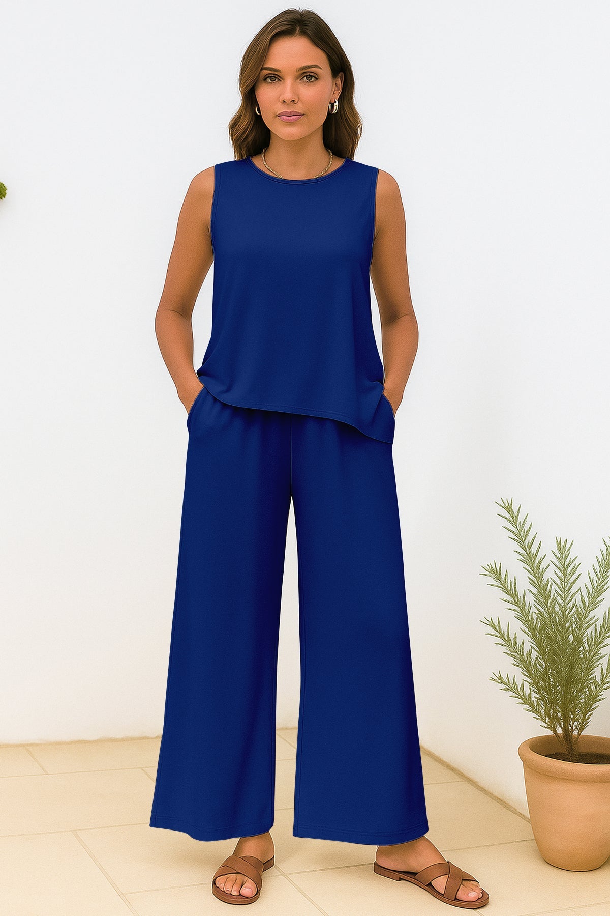 Women's 2 Pcs Tank Top and Wide Leg Summer Pants with Pockets