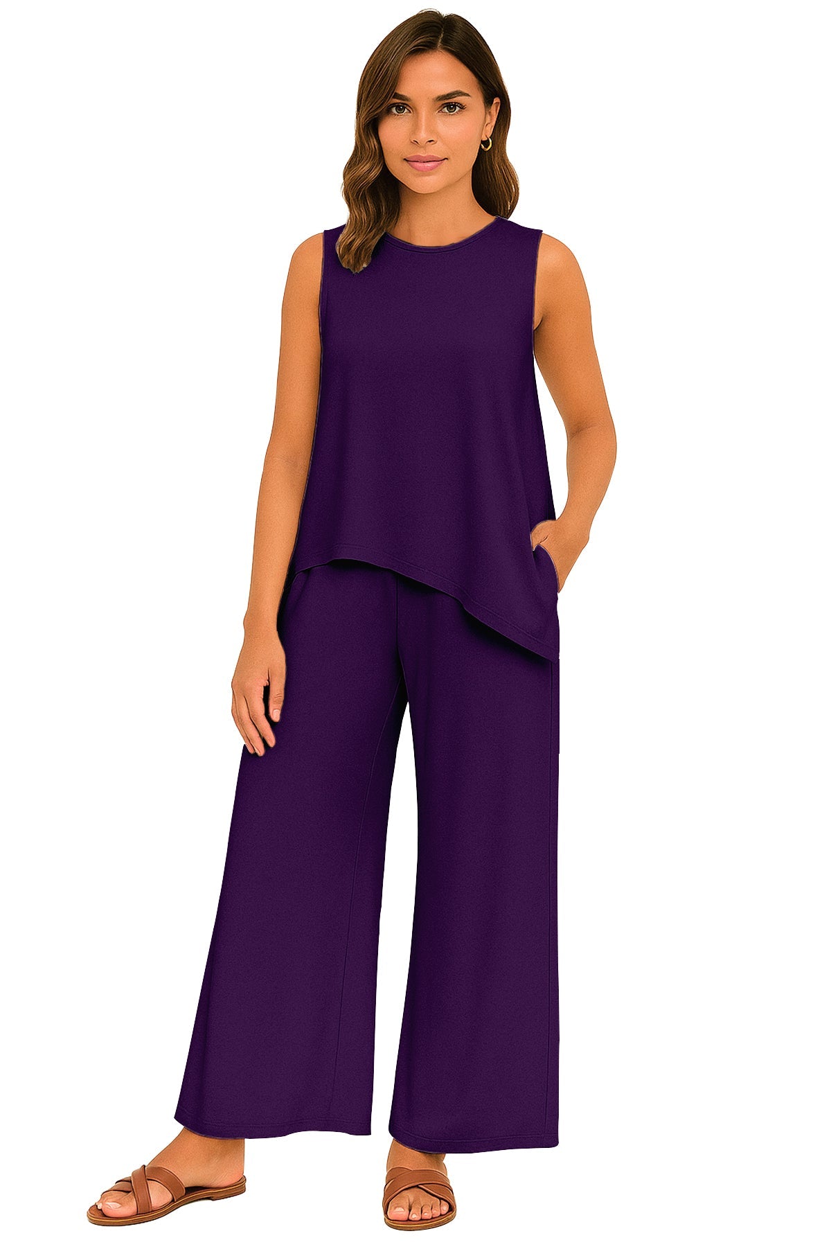 Women's 2 Pcs Tank Top and Wide Leg Summer Pants with Pockets